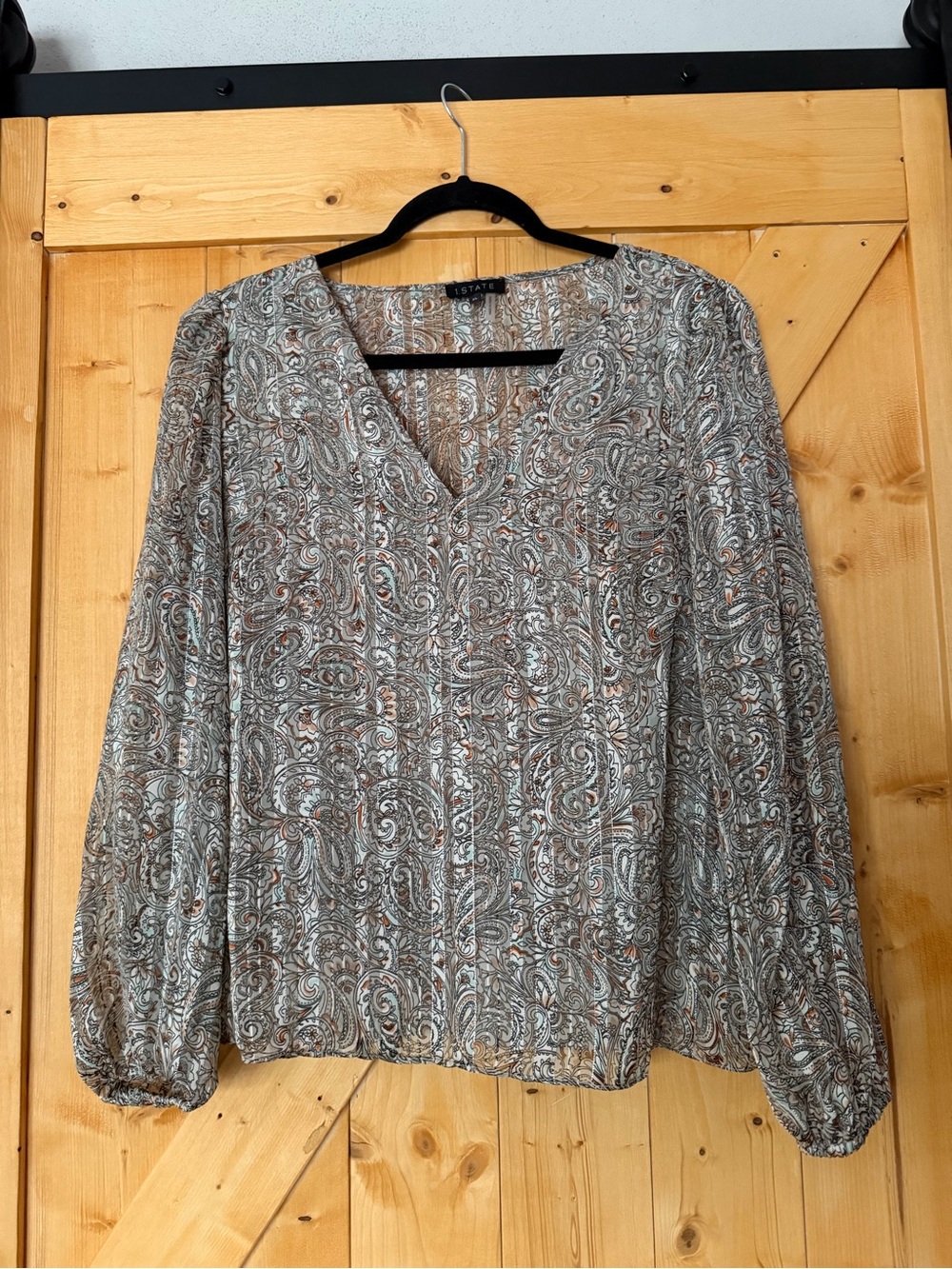 1.STATE XL Paisley V-Neck Long Sleeve Blouse Metallic Thread Neutral⁠- lined